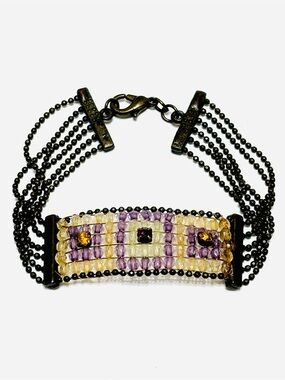 Artisan Multi Strand Woven Seed Bead Bracelet Purple Antique Brass Boho Chic